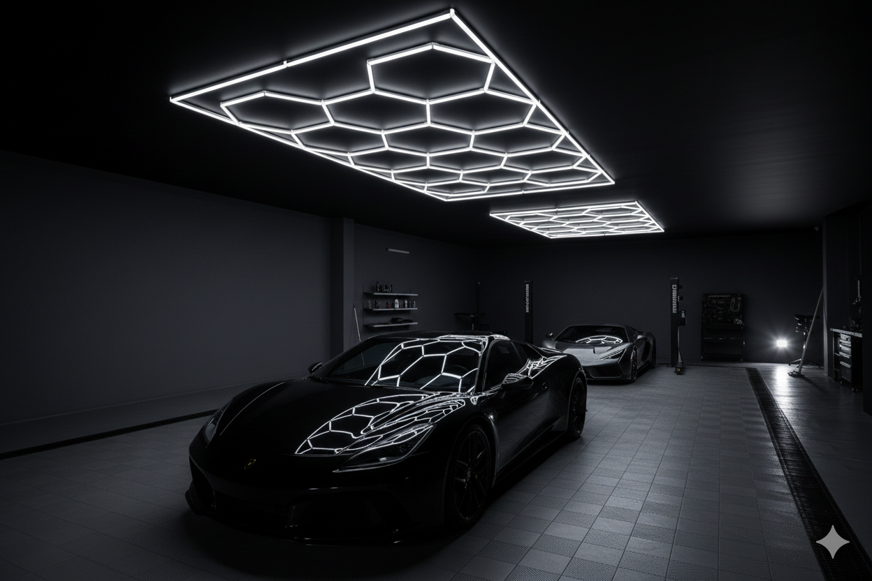 Luxury car with geometric design in a dark garage